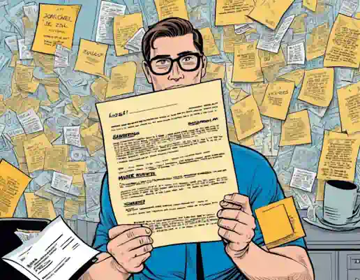 Illustration of a CV overloaded with keywords and a messy job application