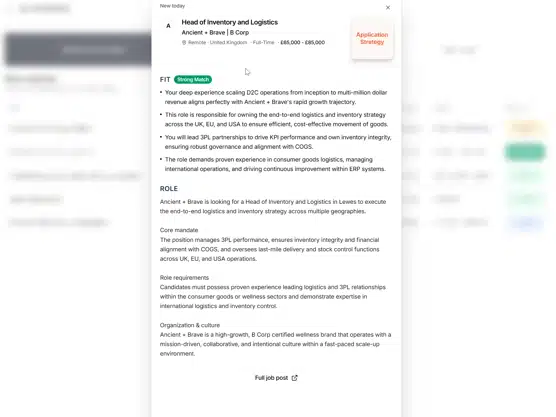 Custom application strategy for a job match